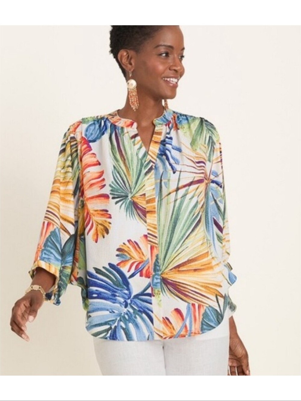 Chico's Tropical Palm Leaf Print Blouse Multicolor Size 0 (U.S 4/6)